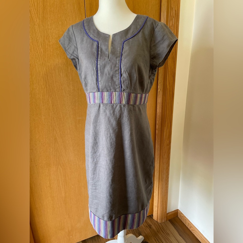 Boden Linen Dress Gray With Multicolored Embroidered Stripe Trim Women’s 8R